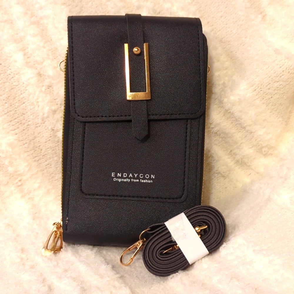 NWOT ENDAYCON CROSSBODY WALLET BAG  BLACK AND TAN FAUX LEATHER